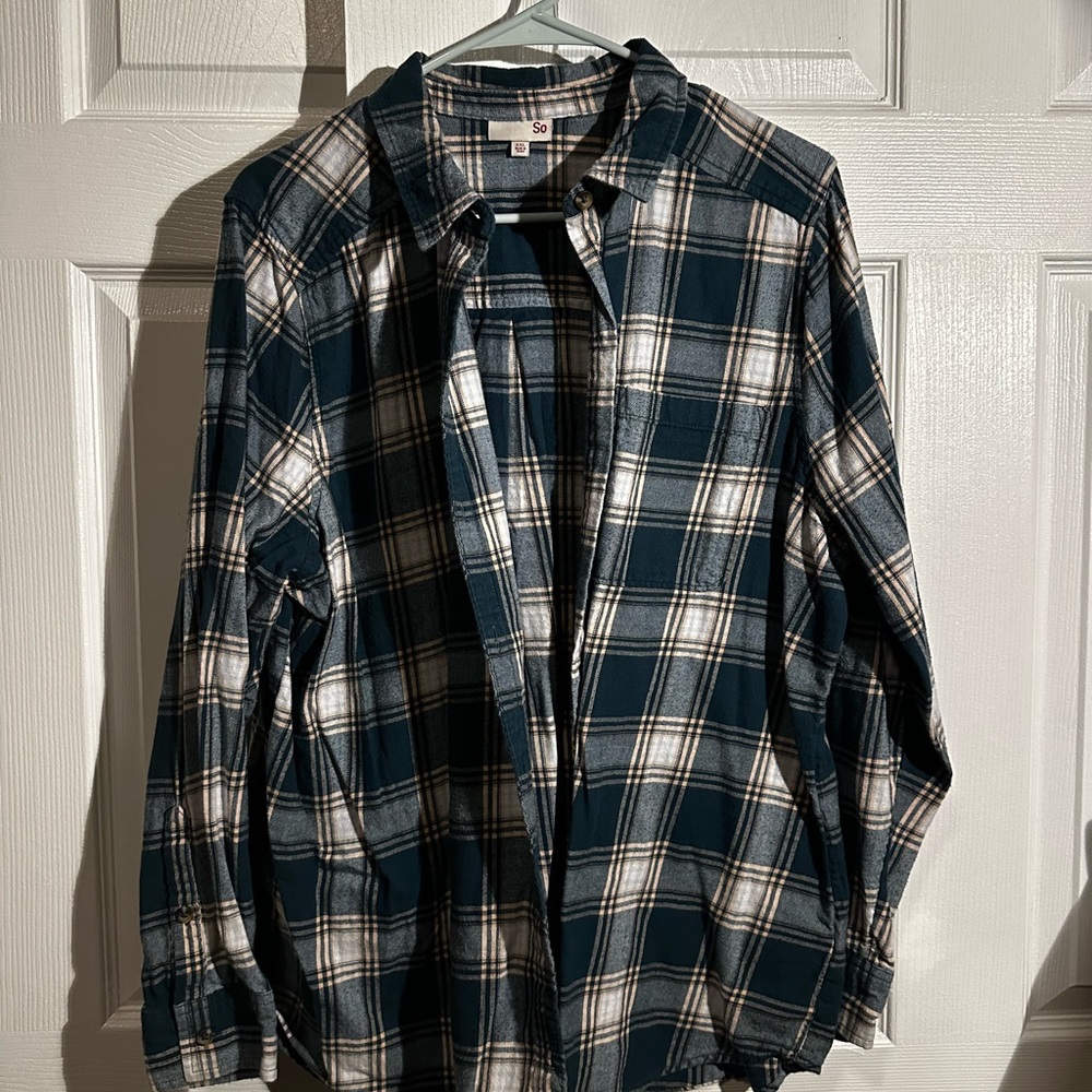 SO Plaid Button-Up Shirt - Blue and White